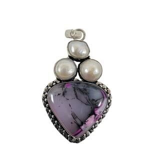 Handmade Silver Pendant with Pink Jasper Heart, Freshwater Pearls & 925 Setting
